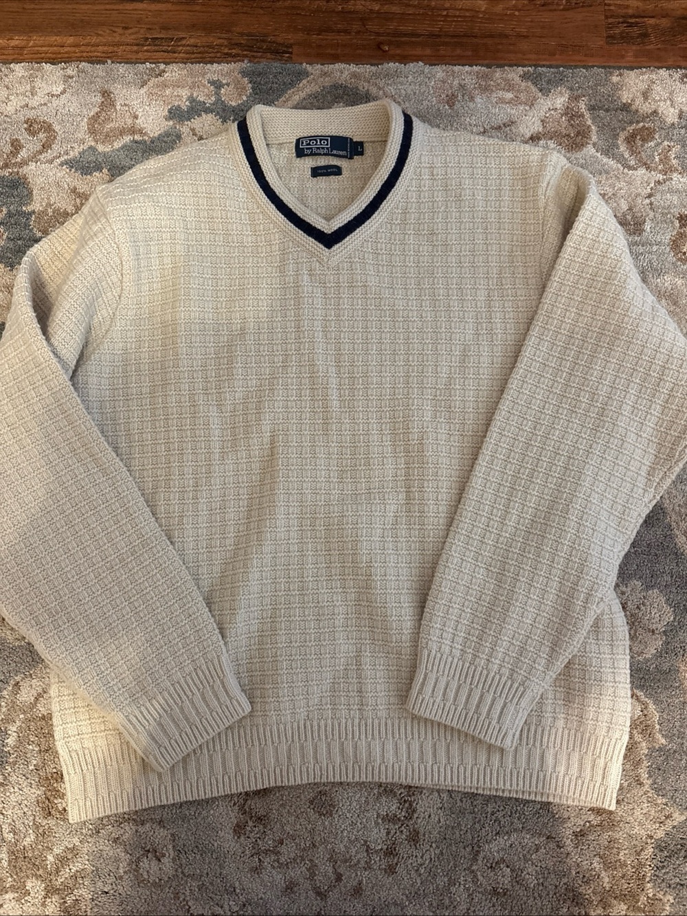Ralph Lauren Cream V-Neck Sweater with Navy Trim